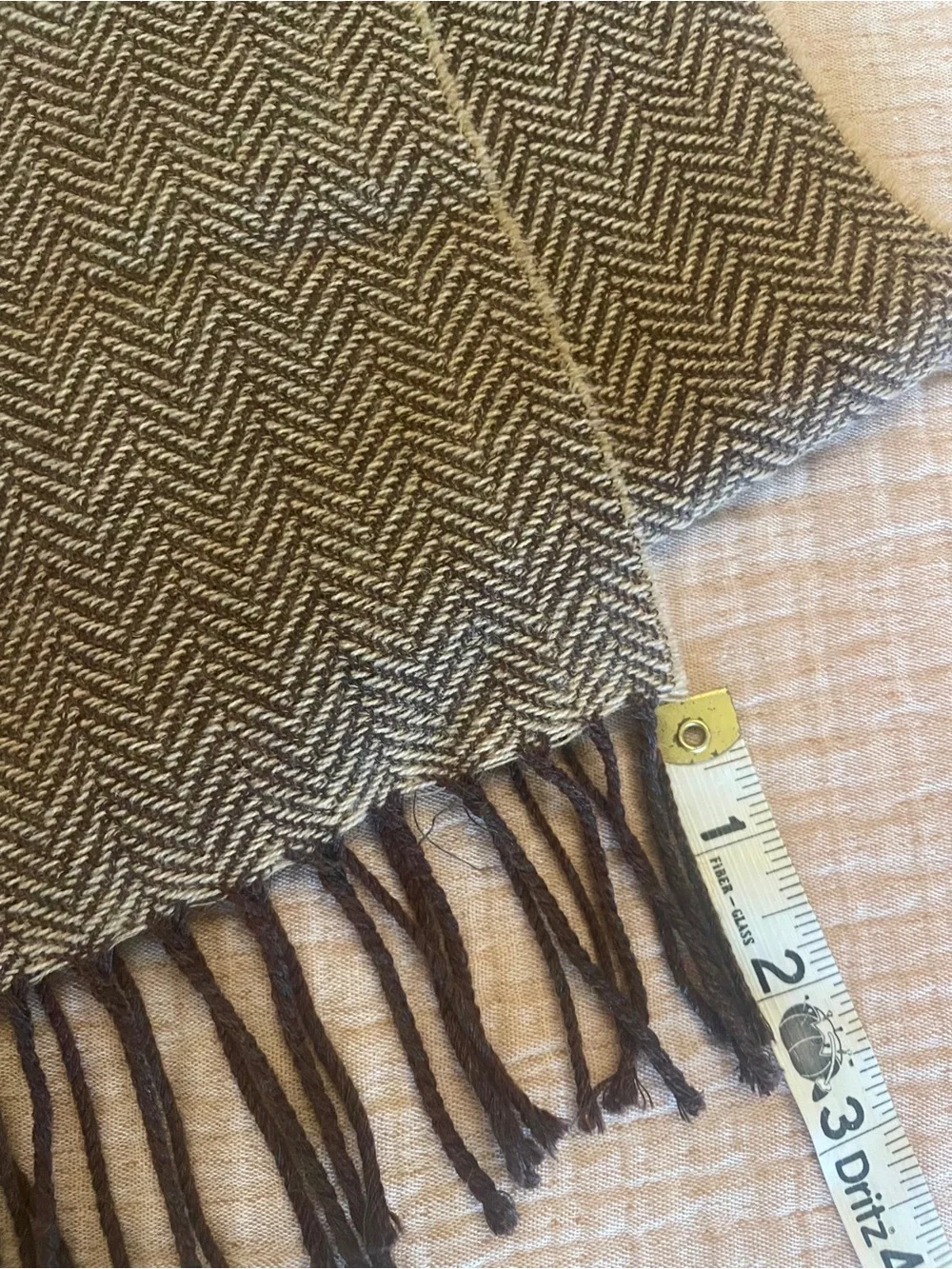 Brown Cream Herringbone 100% Wool Scarf | Fringe Quiet Luxury Wrap